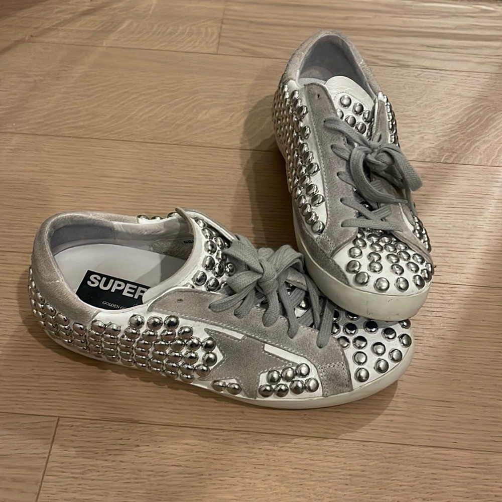 Golden Goose Gray and Silver Studded Sneakers
